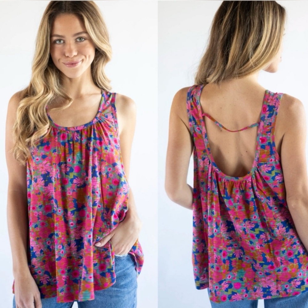 NATURAL LIFE Floral Scoop-Back Tank Top in Pink, Blue & Green